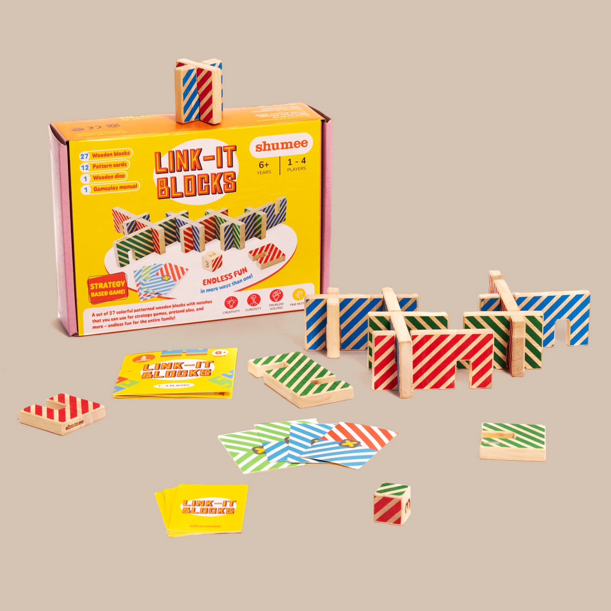 LinkIt Wooden Block Stacking Family Strategy Game With Cards | 4 Players (6  -12 years) – Shumee