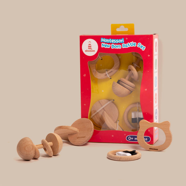 Wooden Montessori Rattle & Teether Set of 4 For Babies (0+ Months)