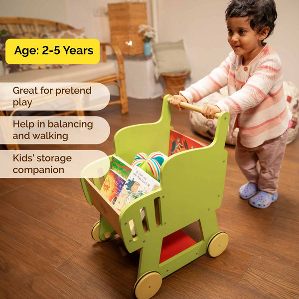 Wooden Shopping Push Cart - Wooden Cart Pretend Play For Kids (2+ Years)