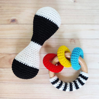 High Contrast Crochet and Wooden Rattles Set for Babies (0 Months+)