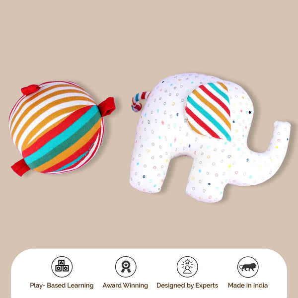 Soft Plush Baby Rattle & Ball - Organic Elephant Rattle for Babies (0 Months+)