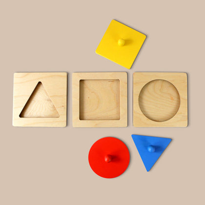 Montessori Wooden Shapes Peg Puzzle Set - 3 Puzzles, 9 Cards (9 Months+)