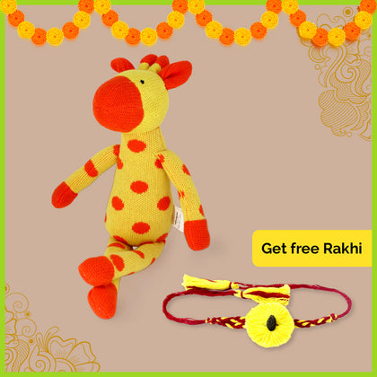 Giraffe Knitted Cuddly Buddy + Rakhi Combo