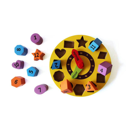 Wooden Shape Sorting Clock - Learning Toy with 12 Colourful Pieces (2 Years+)