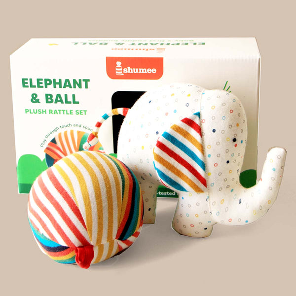 Soft Plush Baby Rattle & Ball - Organic Elephant Rattle for Babies (0 Months+)