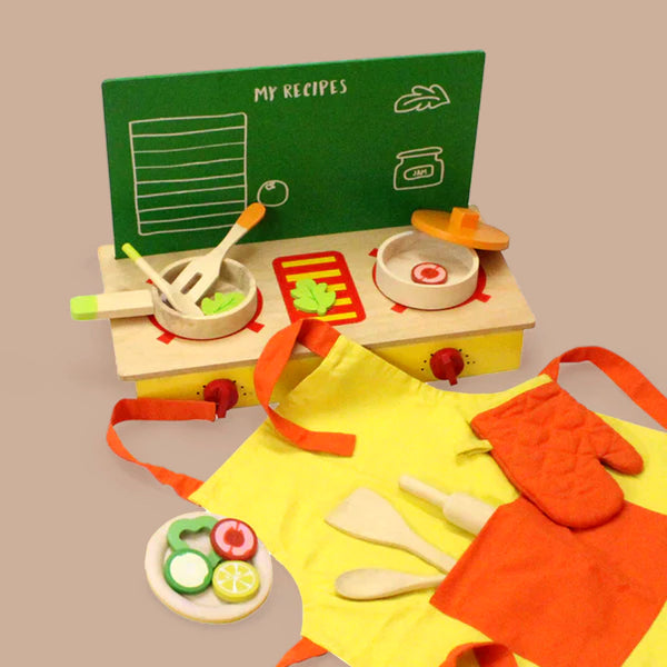 Wooden Lil Chef Kids Cooking Set, Apron, and Cooktop Combo (3+ Years)